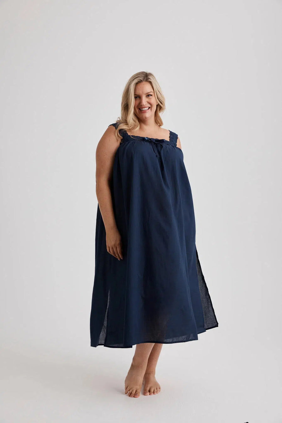 Deborah Mid-Length Cotton Nightgown - Navy