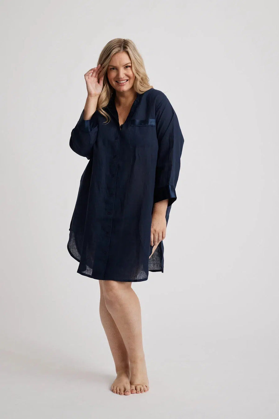 Melanie Linen Shirt Nightgown - Navy