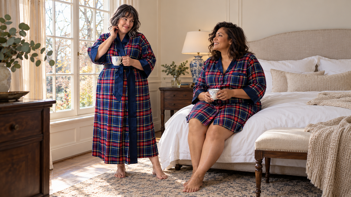 Two women in Heritage tartan sleepwear in an AI-assisted winter editorial