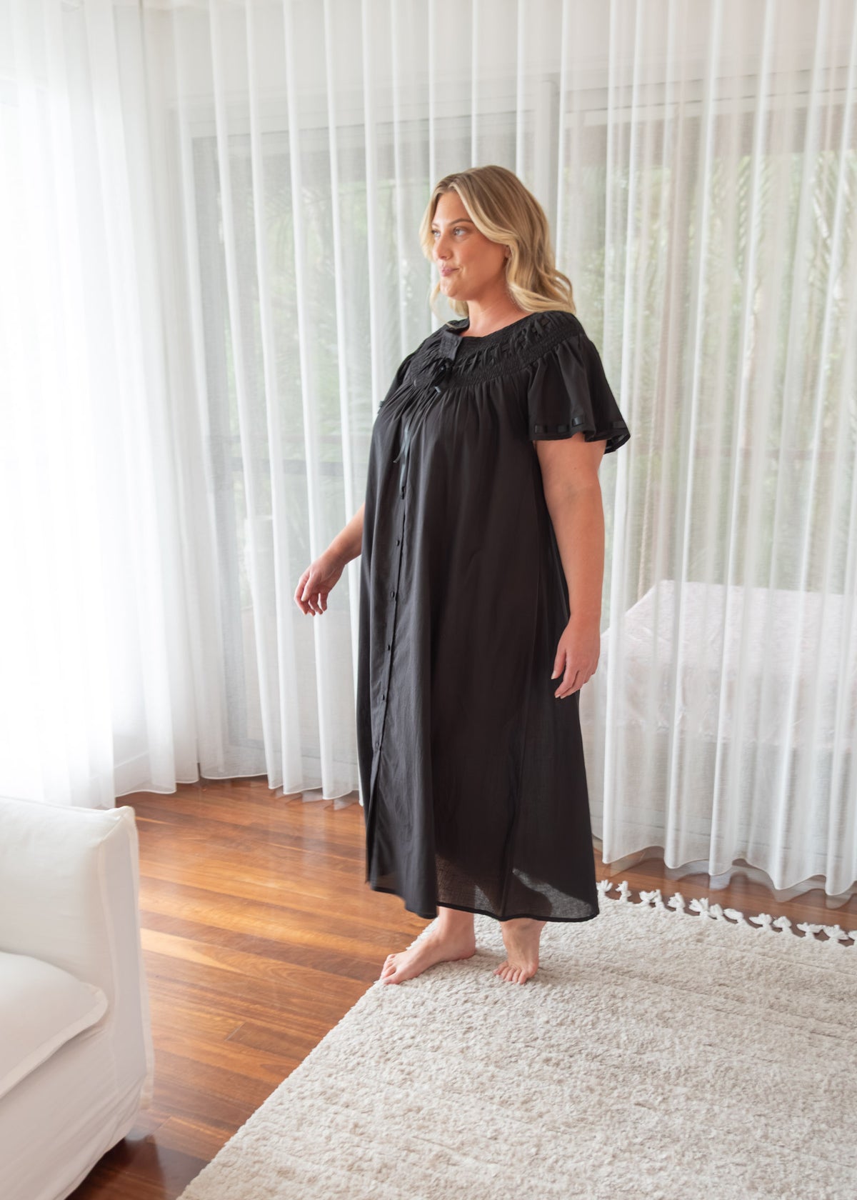 Harriet black cotton nightie with covered buttons