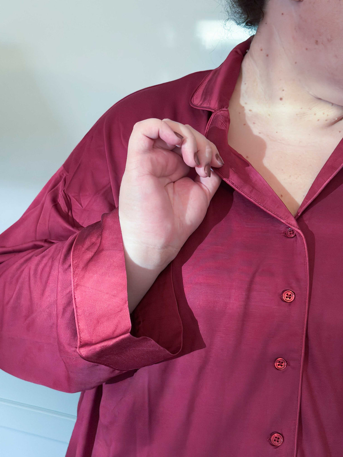 The Hebe stretch pyjama set in Burgundy - Hank & Hera sleepwear, inclusive sizes XS–4XL