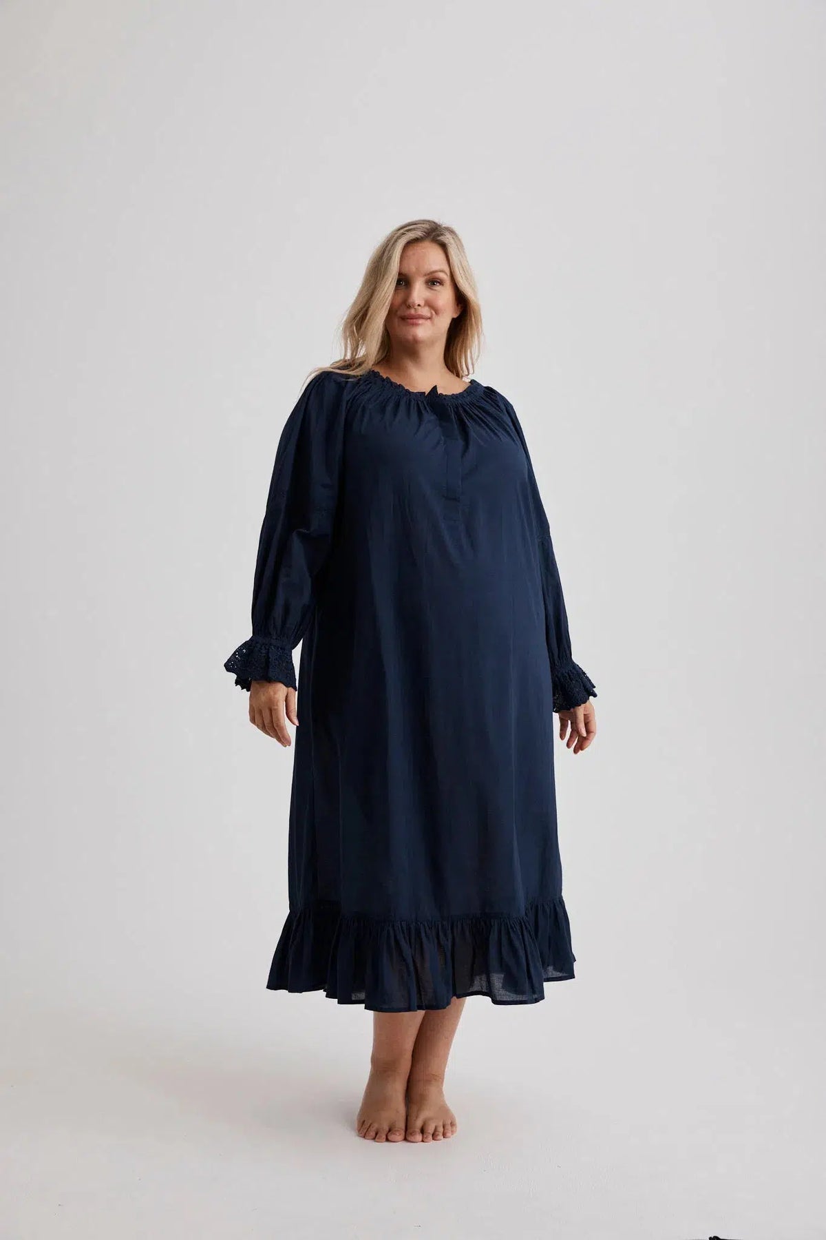 Woman wearing our Kareena cotton nightie in Navy, inclusive sizes XS–4XL, breathable sleepwear for hot nights