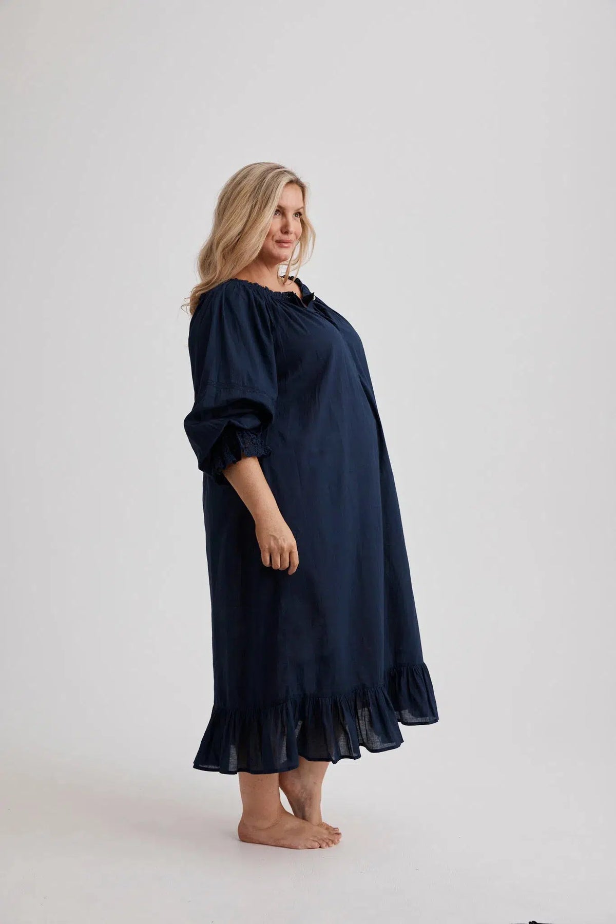 Woman wearing our Kareena cotton nightie in Navy, inclusive sizes XS–4XL, breathable sleepwear for hot nights
