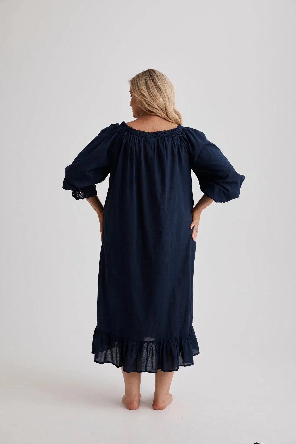 Woman wearing our Kareena cotton nightie in Navy, inclusive sizes XS–4XL, breathable sleepwear for hot nights