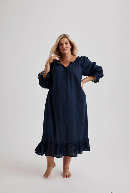 Woman wearing our Kareena cotton nightie in Navy, inclusive sizes XS–4XL, breathable sleepwear for hot nights