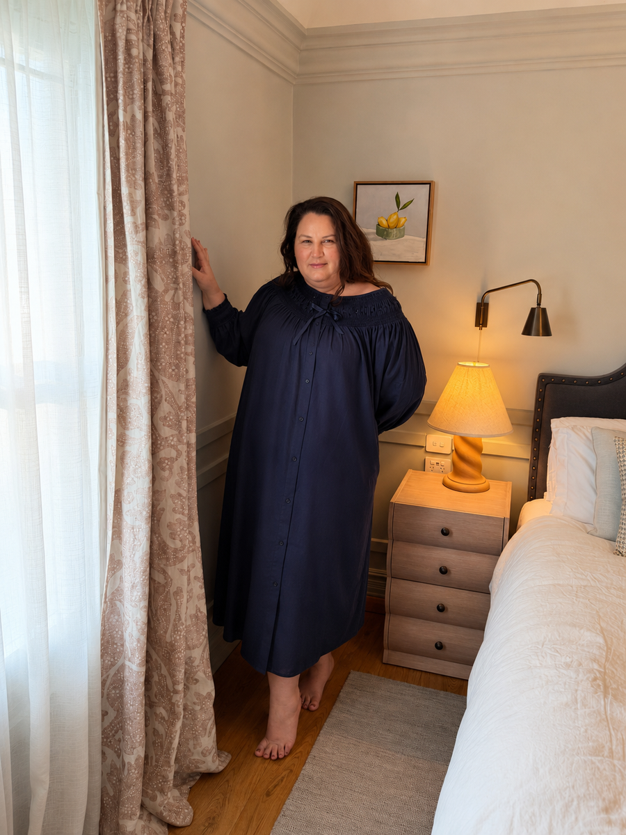 Harriet Long-Sleeve Cotton Nightgown - Navy
